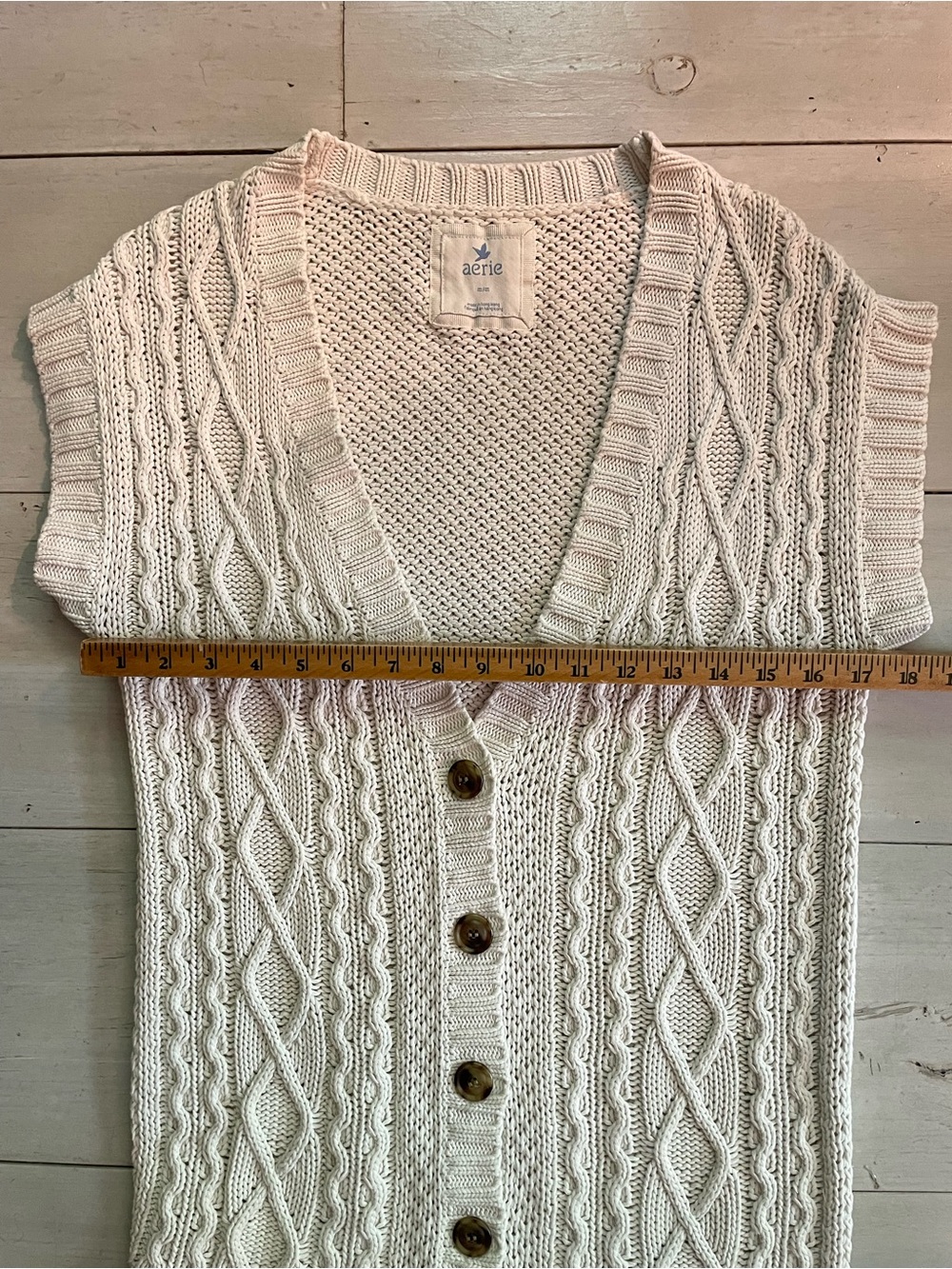 Aerie Cream Cable-Knit Button Front Short Sleeve Sweater Sz M 100% Cotton - Picture 6 of 6